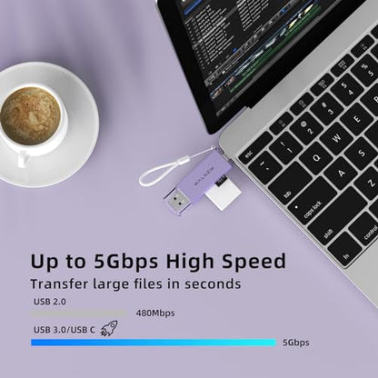 WALNEW SD Card Reader, USB 3.0 & USB-C SD/TF Memory Card Adapter | Supports UHS-I SD/SDHC/SDXC/MicroSD, Compatible with MacBook, PC, iPad, iPhone 15, Samsung Galaxy Android - color: Purple