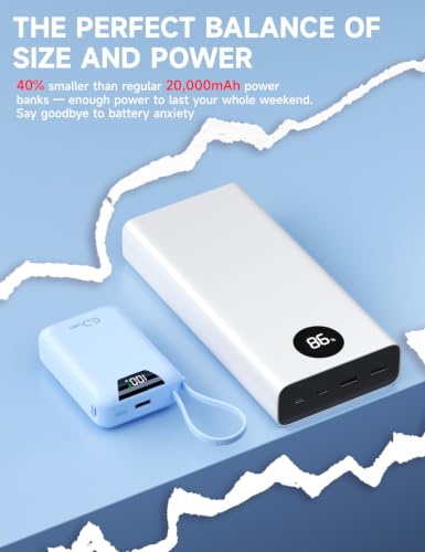 M2 Portable Charger, 20000mAh Power Bank, PD 35W Ultra Fast USB-C Built-in Cable, Compact Cute Mini External Battery Pack for iPhone, Samsung, Android iPad (Blue) - color: blue