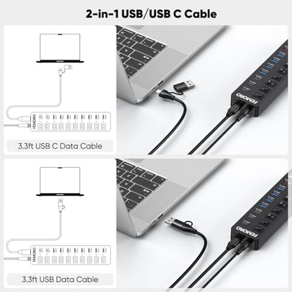 Powered USB C Hub 3.2 11-Port 48W, USB-C 3.2 (10Gbps)*2 + USB-A 3.2 (10Gbps)*1 + USB-A 3.0 (5Gbps)*4 + Power-only Port*4 with 12V/4A Power Adapter High Speed for Laptop PC Phone SSD HDD Flash Drive