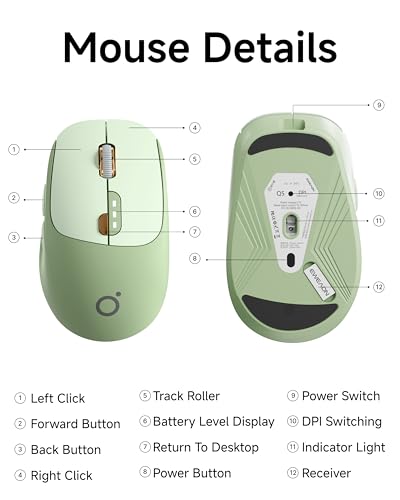 SEUNKWANG Dual-Mode Wireless Mouse with Visible Battery Indicator, Silent Rechargeable Bluetooth & 2.4G Computer Mouse, 1600 DPI, One-Click Desktop Privacy Key, Portable Mice for Laptop/PC/Mac - Green - color: Green
