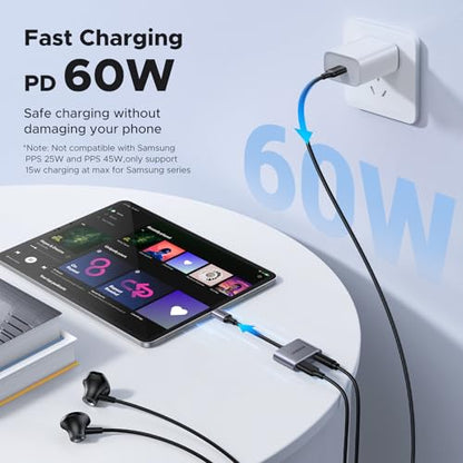 UGREEN USB C to 3.5mm Audio and Charger Adapter 2 in 1 Type C to Aux Headphone Jack with PD 60W Charging Dongle for Earbuds Compatible with iPhone 17 16 Pro Max, Galaxy S26 S25 Ultra iPad Pro Switch 2