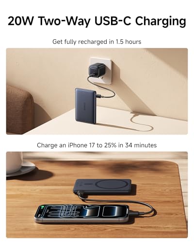 Baseus Picogo Power Bank, Smallest 5,000mAh Magnetic Wireless Charger with USB-C Braided Cable, Fast Charging Portable Battery Pack, NTC Safety Alloy Travel Essential for iPhone 17 Pro Max/17 Air/17e - color: Space Grey