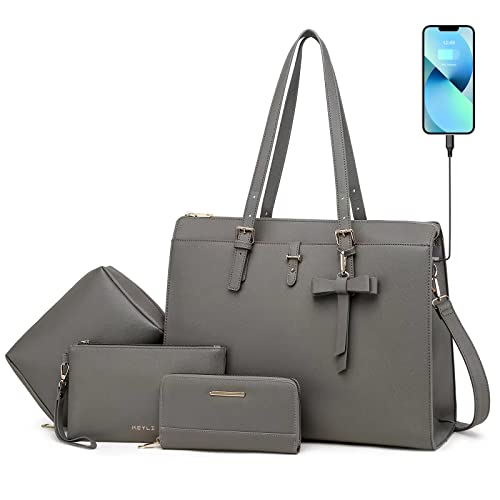 Keyli 4pc Sets Laptop Bag for Women Large Leather Laptop Briefcase with USB Charging Port Computer Shoulder tote Bags Purse - color: Gray