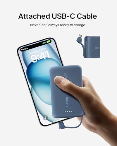 Belkin 10000mAh 20W USB C Power Bank, Portable Charger for iPhone & iPad | Fast Charging, Integrated USB C Cable, Eatra USB C Port, iPhone 17, iPad, Samsung Galaxy S26, Charge 2 Devices - color: Blue, style: 10K mAh
