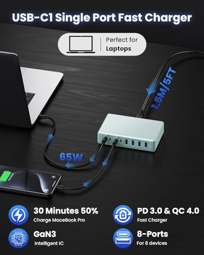 USB C Charger 200W USB C Charger Block,Upgraded GaN III 8-Port Fast Charging Station Hub,PD 65W Laptop Charging Adapter Compatible with MacBook Pro/Air,DELL,Steam Deck,iPhone 16/15/14,Galaxy S23/22 - color: Light Blue, size: 200W