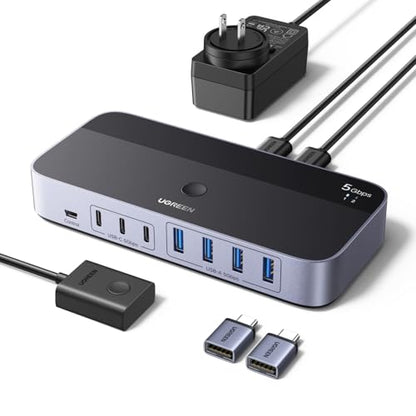 UGREEN 2-in 7-Out USB 3.0 Switch, USB Switcher for 2 Computers Sharing USB A & C Devices (4USB-A + 3USB-C), USB Switches Sharing Keyboard and Mouse with Controller, USB-C Male Adapter, Power Adapter