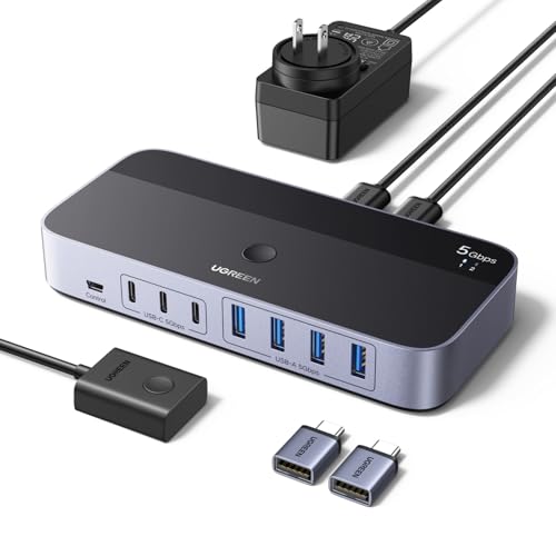 UGREEN 2-in 7-Out USB 3.0 Switch, USB Switcher for 2 Computers Sharing USB A & C Devices (4USB-A + 3USB-C), USB Switches Sharing Keyboard and Mouse with Controller, USB-C Male Adapter, Power Adapter
