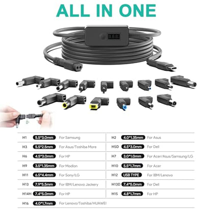 7Ft USB C to DC Adapter with Adjustable Output 5V-9V-12V-15V-20V-28V PD Fast Charging Cable Universal Charger 15PCS Connecor Tips DC Cable Kit Fit for Laptop Chromebook Phone Speaker USB Hub
