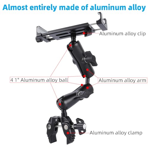 Aluminum Dual Arm Tablet Mount with Super Clamp for Rails 0.5'' to 2'' in Diameter, Side Mount Tablet Holder for Mic Stand, Compatible with iPad Pro 12.9 Air Mini, Galaxy Tab, 4.7-12.9" Tablets
