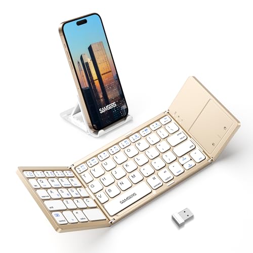 Samsers Foldable Bluetooth Keyboard with Touchpad, Ultra Slim Compact, Gold | Multi-touch Trackpad, Full Size, Phone Holder, USB-C Charging, 3 Device, for Android Windows iOS Mac OS, Mobile Productivity - color: Desert Gold, size: 3-Device