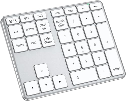 iClever Bluetooth Number Pad for Laptop, Aluminum Wireless Numeric Keypad | 2-Device Switching, Quiet Typing, USB-C Charging, 34-Key Portable Numpad for MacBook, iMac, Laptop, PC, Surface, Data Entry - color: Silver & White
