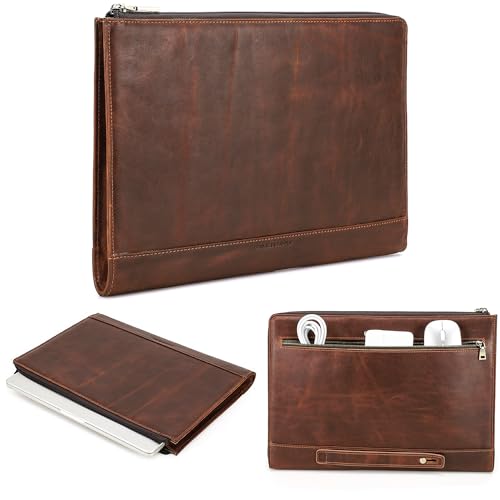 Top Grain Leather 14.2" Slim Laptop Handheld Zipper Bag, Vintage Design & 2 Pockets, Handmade, Compatible with MacBook Pro 14" 2021 2022 M1 Pro/M1 Max A2442 & Other PC, Red Brown 14.2 Inch - color: 90° Zip & Side Pocket - Red Brown, size: 14.2" - Fits Mac