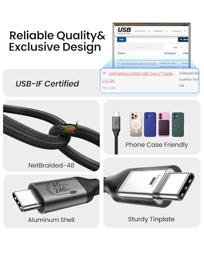 Silkland USB 4 Cable for Thunderbolt 4 Cable 3.3FT, 40Gbps Data Sync, 8K/5K USB C Monitor [USB-IF Certified] Netbraid-48 240W USB C Thunderbolt, Compatible for SSD, MacBook, iPhone 17/16, Docking - size: 3.3FT