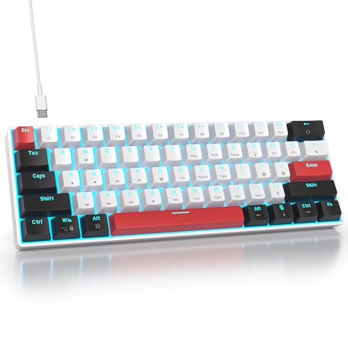 Portable 60% Mechanical Gaming Keyboard, 60 Percent Red Switch LED Backlit, 61 Keys Mini White USB Wired Office Keyboard for Windows Mac Laptop PC (61 Black & White) - color: 61 Black & White/Red Switch