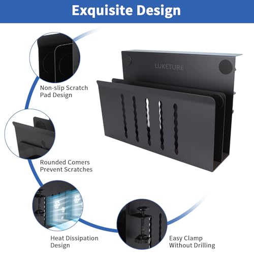 LUKETURE 2 Tier Desk Side Storage, No Drill Laptop Mount with Pen Holder | Fits Flat Edge Desks 0.3 to 2.8 Inches,Secure Grip on Wood, Glass, or Metal Surfaces Without Slipping - color: Black(2 Tie)