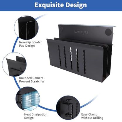 LUKETURE 2 Tier Desk Side Storage, No Drill Laptop Mount with Pen Holder | Fits Flat Edge Desks 0.3 to 2.8 Inches,Secure Grip on Wood, Glass, or Metal Surfaces Without Slipping - color: Black(2 Tie)