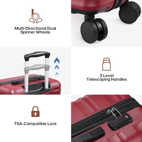 3 Piece Luggage Set, 20 Inch Carry On Luggage 22x14x9 Airline Approved, Hardside Suitcases with Wheels, Suitcase Set with YKK Zipper&TSA Lock, Travel Set - color: Red, size: 3 piece set (20inch)