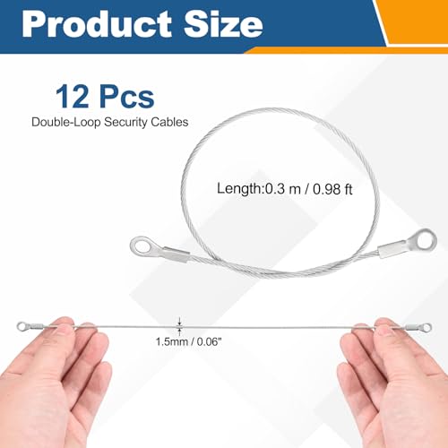 12 Pcs Security Cable Lock - Double Loop Cable (0.98 ft x 0.06 Inch) Vinyl Coated 304 Stainless Steel Safety Flexible Wire Rope Luggage Bike Anti-Theft Security Chain Lock, Silver - size: 0.98 ft x 0.06 Inch
