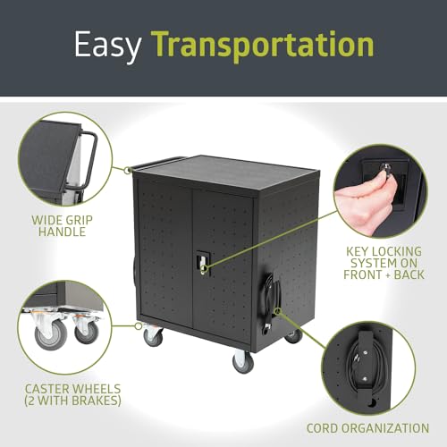 Pearington 30 Device Mobile Charging/Storage Cart for iPads, Tablets, Laptop, and Chromebook, Up to 13-inch Screen Size, Classroom Locking Charging Station - size: w/Cord Management
