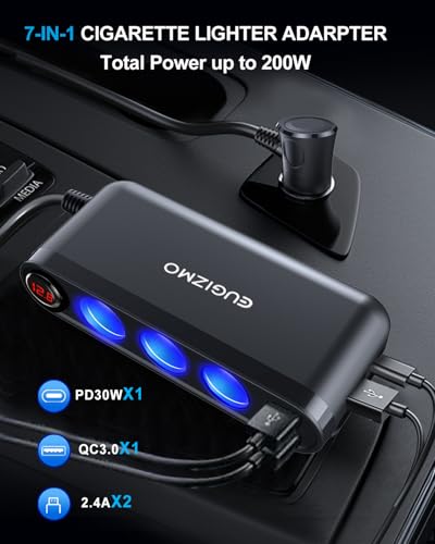 7 in 1 Cigarette Lighter Splitter, 200W Car Charger Plug Adapter | 1x PD30W USB-C, QC3.0 18W and 3x 2.4A USB Ports for iPhone RVs Boats Pair with Master Switch with LED Voltage Display