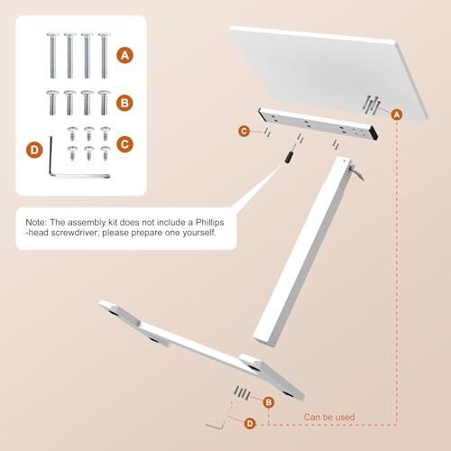 Overbed Table with Pneumatic Height Adjustment, Hidden Casters Rolling Bedside Table, Hospital Bed Table Mobile Laptop Standing Desk for Hospital Home Use, White