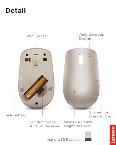 Lenovo 530 Wireless Mouse with Battery, 2.4GHz Nano USB, 1200 DPI Optical Sensor, Ergonomic for Left or Right Hand, Lightweight, GY50Z18988, Almond - color: Almond