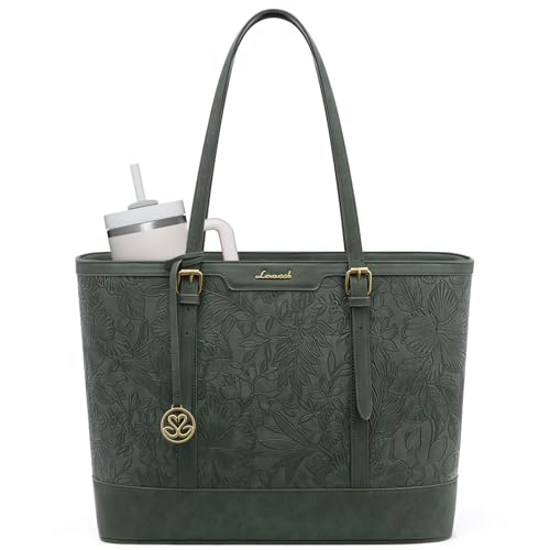 LOVEVOOK Laptop Bag for Women, 17.3 Inch Large Work Tote Bag with 40oz Cup Holder, Waterproof PU Leather Computer Briefcase for Teacher, Professional Business Shoulder Purse Floral Green - color: Floral Green, size: 17.3 inch
