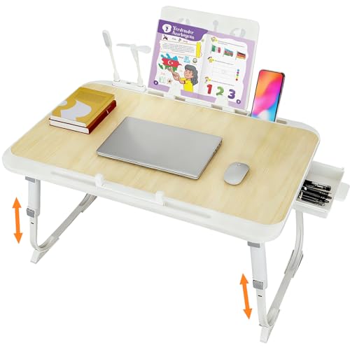 Laptop Desk for Bed, Adjustable Height Laptop Bed Table, Foldable Lap Desk with USB Charge Port, Desktop Card Slot, Side Drawer, Book Shelf, Portable Lap Tray for Eating Reading Working Sofa & Floor