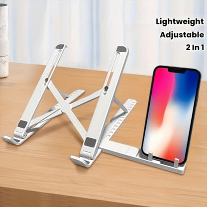 Portable Laptop Stand with Phone Holder, Adjustable Foldable Computer Riser for Desk, Lightweight Ergonomic Tablet Mount for 10-15.6", White