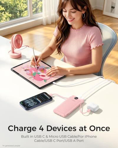 VEGER Portable Charger with Built-in AC Plug and Cables, All in One 10000mAh Ultra Slim Power Bank Travel Essentials, USB C External Battery Pack Compatible with iPhone, Samsung, More, Dark Pink - color: F Dark Pink