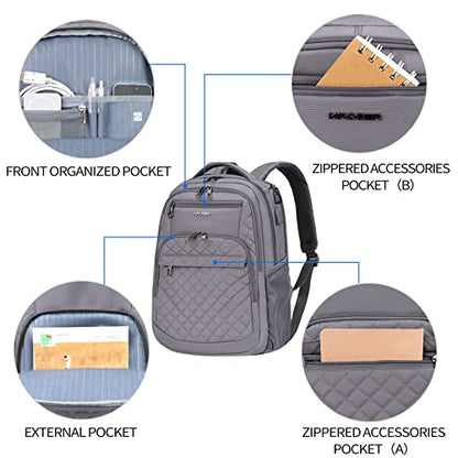 KROSER Travel Laptop Backpack 17 Inch Large Computer Backpack Dark grey | Water-Repellent Daypack, USB Charging Port, RFID Pockets, for Work/Business/College/Men/Women, Quilted - color: Quilted Dark Grey