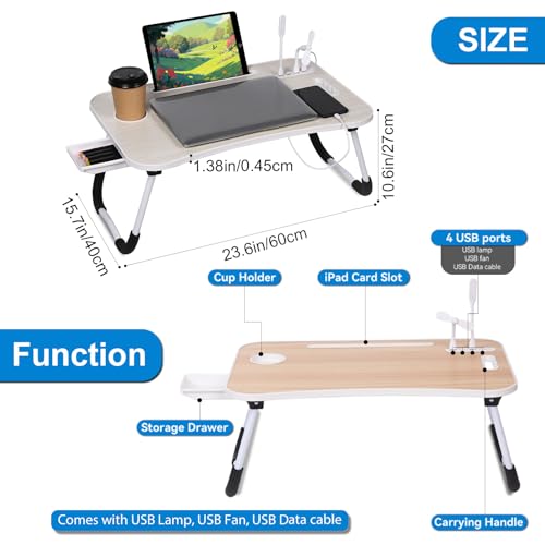 Lap Desk - Foldable Lap Desk with Storage Drawer, Cup Holder & Tablet Slot & DC USB Ports, Versatile Bed Desk, Bed Tray(23.6" L x 15.7" W x 10.6" H,Pink) - color: Pink