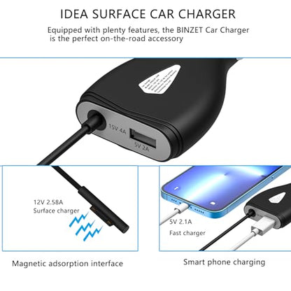 Surface Car Charger, 70W 15V 4A Power Supply | for Microsoft Surface Pro 5/Pro 6/Pro 7/Pro 8/Pro X, Surface Book, Surface Go, Surface Laptop with 5V 2A USB Charging Port