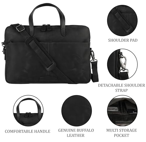KomalC Leather Laptop Sleeve 15.5" with Trolley Strap, Fits up to 16" Laptop, Slim Office Bag with Shoulder Strap - color: Black