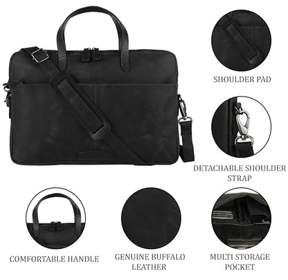 KomalC Leather Laptop Sleeve 15.5" with Trolley Strap, Fits up to 16" Laptop, Slim Office Bag with Shoulder Strap - color: Black
