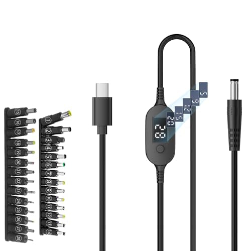100W PD Power Charger USB-C to DC Adjustable PD Cable with Digital Display, 40 Inches, Black, Multiple Voltage Settings, Male to Male DC 5V 9V 12V 15V 20V Adapter Cable (Default +28-in-2 DC Tip) - style: Default +28-in-2 DC Tip
