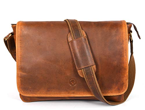 16" Crossbody Bag Leather Laptop Messenger Bag For Men with trolley sleeve for school office (Caramel) - color: Caramel