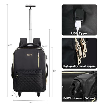 Tilami Rolling Backpack for Women, Carry on Laptop Backpacks with Wheels, 40L Roller Backpack for Travel,Black