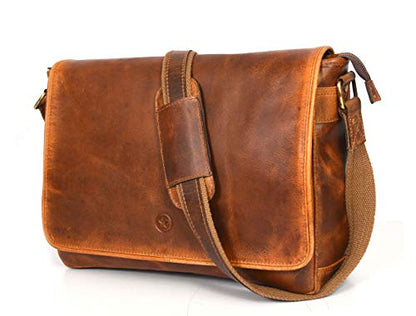 16" Crossbody Bag Leather Laptop Messenger Bag For Men with trolley sleeve for school office (Caramel) - color: Caramel