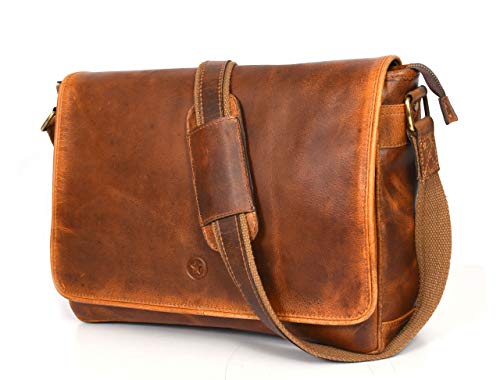 16" Crossbody Bag Leather Laptop Messenger Bag For Men with trolley sleeve for school office (Caramel) - color: Caramel
