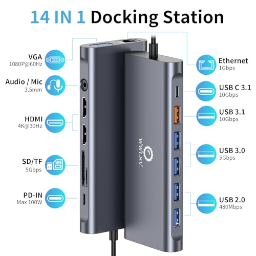 Docking Station 3 Monitors for HP/Dell/Lenovo/MacBook Laptop, Triple Display with Dual 4K HDMI, VGA, 14 in 1 USB C Hub, Computer Docking Station with 10Gbps USB, PD, Ethernet, SD/TF, Audio/Mic - color: Space Gray