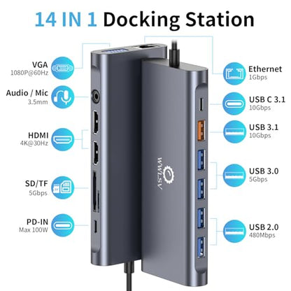 Docking Station 3 Monitors for HP/Dell/Lenovo/MacBook Laptop, Triple Display with Dual 4K HDMI, VGA, 14 in 1 USB C Hub, Computer Docking Station with 10Gbps USB, PD, Ethernet, SD/TF, Audio/Mic - color: Space Gray