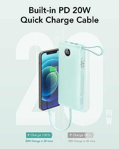 VRURC Portable Charger 20000mAh, Built-in Cables Fast Charging Power Bank, PD QC 3.0 Travel Essentials Battery Pack, 4 Output & 2 Input Phone Charger for iPhone, Samsung, Android - color: Green