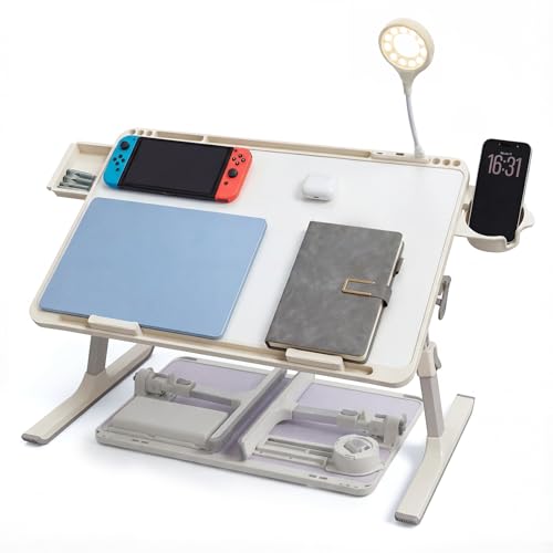 Foldable and Adjustable Laptop Bed Table with Hidden Drawer, Cup Holder, USB Voice-Controlled Night Light, White 23.6"x15.7", Suitable for Working, Gaming, and Other uses on Bed and Sofa - color: White