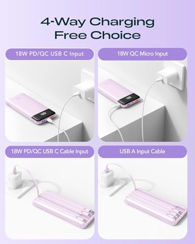 Orfeika 20000mAh Power Bank Fast Charging, Portable Charger with 4 Built-in Cables & 6 Outputs, 20W PD USB C Battery Pack Compatible with iPhone 16/15, Galaxy, Android, iPad & More (Travel Essential) - color: Lavender