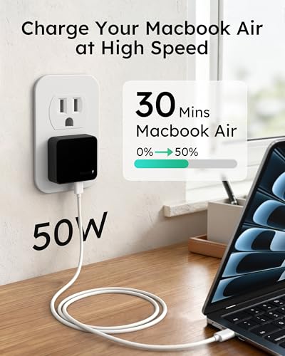 Nekmit Dual USB C Wall Charger, 50W PD PPS Fast USB Charger Block with 2 USB-C Ports, Flat USB C Wall Plug Adapter with Fixed Prongs for iPhone 17/16, MacBook Air, iPad and More (Black) - color: Black