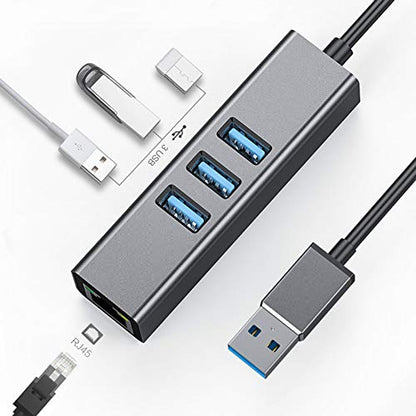 USB 3.0 to Ethernet Adapter, 3-Port USB 3.0 Hub Gigabit Ethernet Hub Network RJ45 1000Mbps Support Windows 10,Mac OS, Surface Pro,Linux,Chromebook and More