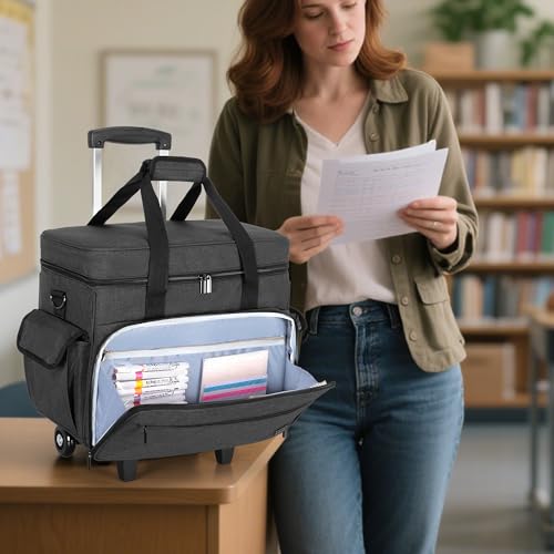 Teamoy Rolling Teacher Bag with 15.6" Laptop Compartment, Black | Teacher Tote Bag with Detachable Wheels, Multi-functional Wheeled Teacher Bag for Teaching, Office