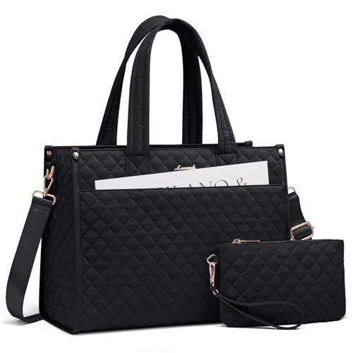 LOVEVOOK Laptop Tote Bag for Women,Canvas Work Tote Bag for Women with Clutch Purse,17.3 Inch Computer Briefcase Bag,Professional Teacher Business Office Bag,Lightweight Shoulder Travel - color: Black, size: 17.3 inch