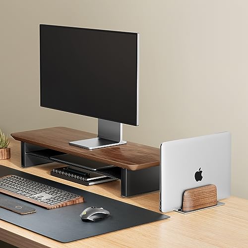 UPERGO Vertical Laptop Stand for Desk, Laptop Holder to Dock MacBook, MacBook Pro and Other Laptops, Black Walnut Wood | Solid Black Walnut Wood & Aluminum, Adjustable 0.79"–1.42", Scratch-Resistant Pads, Anti-Slip Base, Natural Wood Grain